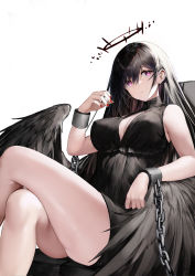 Rule 34 | 1girl, bare legs, bdsm, black dress, black hair, black halo, black wings, bondage, bound, breasts, chain, chair, cleavage, cleavage cutout, clothing cutout, cocktail dress, commentary request, crossed legs, cuffs, dark halo, dress, hair between eyes, halo, haori io, head tilt, highres, large breasts, legs, nail polish, original, parted lips, purple eyes, red nails, shackles, sitting, solo, wings