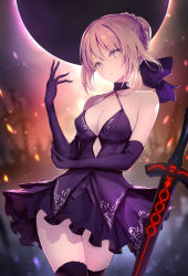 Rule 34 | 1girl, artoria pendragon (all), artoria pendragon (fate), bare shoulders, blonde hair, blush, braid, breasts, cleavage, collarbone, dress, eclipse, elbow gloves, excalibur morgan (fate), fate/grand order, fate/stay night, fate (series), french braid, gloves, hair bun, hair ribbon, haishiki, highres, looking at viewer, medium breasts, medium hair, open mouth, outdoors, pixiv fate/grand order contest 2, ribbon, saber (fate), saber alter, single hair bun, skirt, solo, standing, sword, thighhighs, weapon, yellow eyes, zettai ryouiki