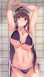 Rule 34 | 1girl, absurdres, against glass, armpits, arms up, bikini, black hair, breast press, breasts, breasts on glass, clenched hand, collarbone, gluteal fold, gradient hair, hairband, highres, kasumigaoka utaha, large breasts, long hair, looking at viewer, multi-strapped bikini, multicolored hair, navel, o-ring, o-ring bikini, parted lips, purple bikini, purple hair, rebutsu, red eyes, saenai heroine no sodatekata, side-tie bikini bottom, solo, swimsuit, tile wall, tiles, two-tone hair, wet, wet hair, white hairband