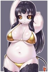 Rule 34 | 1girl, arms behind head, arms up, belly, bikini, black fur, black hair, black horns, black sclera, black tail, body fur, border, breasts, cleavage, colored sclera, colored skin, cowboy shot, fat, flame-tipped tail, futaba channel, gold bikini, gradient background, highres, horns, horse tail, kakutan (nijiura maids), kuma (kumahoihoi), large breasts, legs together, long hair, looking at viewer, navel, nijiura maids, outline, pointy ears, shiny skin, side-tie bikini bottom, single horn, slit pupils, solo, standing, swimsuit, tail, underboob, white border, white outline, white skin, yellow eyes