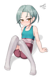 Rule 34 | 1girl, absurdres, alternate costume, dated, flat chest, forehead, full body, grey hair, grey thighhighs, highres, kantai collection, maru (marg0613), mole, mole on neck, multicolored clothes, short hair, simple background, skin tight, solo, swept bangs, tamanami (kancolle), thighhighs, unitard, yellow eyes