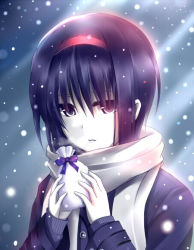Rule 34 | 1girl, bad id, bad pixiv id, bag, black eyes, black hair, blue coat, blue sweater, bow, coat, grey scarf, hair between eyes, hairband, holding, holding bag, little busters!, morizono shiki, night, nishizono mio, open mouth, outdoors, purple bow, red hairband, scarf, short hair, snowing, solo, sweater, upper body