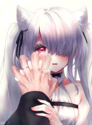 Rule 34 | 1boy, 1girl, azur lane, bare shoulders, blush, breasts, commander (azur lane), commentary request, cone hair bun, hair bun, highres, holding hands, jewelry, kiev (azur lane), kiev (backstreet silver sonata) (azur lane), koa (koh a), official alternate costume, one eye covered, open mouth, red eyes, ring, tagme, twintails, white hair