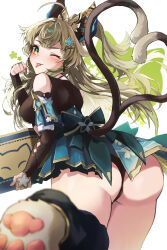 Rule 34 | 1girl, absurdres, ahoge, animal ears, animal hands, artist request, ass, ass focus, bare shoulders, breasts, cat ears, cat paws, detached sleeves, from behind, genshin impact, green eyes, hair ornament, hairclip, highres, huge ass, japanese clothes, kirara (genshin impact), long hair, looking at viewer, looking back, medium breasts, miniskirt, multiple tails, panties, paw pose, sideboob, skirt, smile, solo, tail, tongue, tongue out, underwear, very long hair