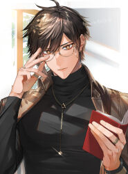 Rule 34 | 1boy, alternate costume, antenna hair, artist name, belt, black hair, black sweater, book, border, brown belt, brown hair, brown jacket, closed mouth, collared jacket, commentary request, diamond (shape), fingernails, genshin impact, glasses, gold necklace, gradient hair, hair between eyes, hands up, highres, hiiro (coinxtossxdive), holding, holding book, indoors, jacket, jewelry, leaf, lips, long fingernails, long hair, long sleeves, looking at viewer, male focus, multicolored hair, necklace, open book, open clothes, open jacket, orange eyes, outside border, ponytail, ring, shadow, sky, solo, sparkle, standing, sunlight, sweater, symbol-shaped pupils, turtleneck, wall, white border, white sky, window, wing collar, zhongli (genshin impact)