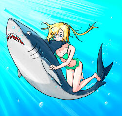 Rule 34 | 1girl, air bubble, bikini, biting, blonde hair, blue eyes, breasts, bubble, highres, nyanskii, ocean, shark, side ponytail, small breasts, swimming, swimsuit, underwater