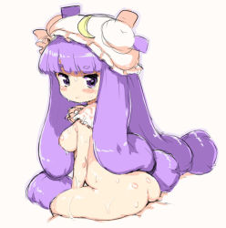 Rule 34 | 1girl, ass, breasts, capelet, crescent, crescent moon, female focus, hat, long hair, moon, nude, patchouli knowledge, purple eyes, purple hair, randou, sitting, solo, touhou, very long hair