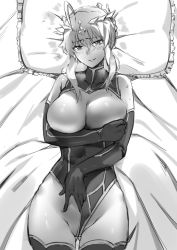 Rule 34 | 1girl, ahoge, artoria pendragon (fate), artoria pendragon (lancer) (fate), bad id, bad twitter id, bare shoulders, bed sheet, blush, braid, breasts, breath, clothing aside, club3, covering nipples, covering privates, crown, elbow gloves, fate/grand order, fate (series), gloves, greyscale, hair between eyes, head tilt, heattech leotard, highres, huge breasts, leotard, leotard aside, looking at viewer, lying, monochrome, on back, on bed, parted lips, pillow, seductive smile, short hair, sidelocks, smile, solo, sweat, thighhighs, turtleneck