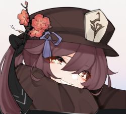 Rule 34 | 1girl, absurdres, black bow, blush, bow, brown hair, brown hat, commentary, error1980, flower, flower-shaped pupils, genshin impact, half-closed eyes, hat, hat bow, hat flower, hat tassel, highres, hu tao (genshin impact), long hair, looking at viewer, plum blossoms, porkpie hat, portrait, red eyes, red flower, sidelocks, smile, solo, symbol-shaped pupils, talisman, twintails