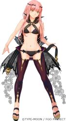 Rule 34 | 1girl, bare shoulders, belt, black belt, black bra, black panties, bra, breasts, chaps, cnoc na riabh (fate), cnoc na riabh (swimsuit foreigner) (fate), copyright notice, fate/grand order, fate (series), full body, halterneck, legs apart, long hair, looking at viewer, medb (fate), midriff, navel, official art, panties, pants, pink hair, purple pants, sandals, simple background, small breasts, solo, standing, takayama kisai, transparent background, underwear, white background, yellow eyes