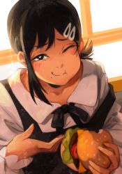Rule 34 | 1girl, absurdres, apron, black apron, black eyes, black hair, blush, bow, bowtie, burger, chainsaw man, cheese, closed mouth, collarbone, collared shirt, commentary, fast food, food, hair ornament, hairclip, higashiyama kobeni, highres, holding, holding food, indoors, khyle., lettuce, looking at viewer, low ponytail, mole, mole on cheek, mole under eye, mole under mouth, multiple moles, one eye closed, ponytail, shirt, short hair, short ponytail, smile, solo, tomato, upper body, waitress, white shirt, window