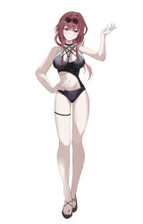 Rule 34 | 1girl, bare legs, bare shoulders, black collar, black one-piece swimsuit, breasts, cleavage, collar, commentary request, eyewear on head, full body, glasses, hair between eyes, hair intakes, hand on own hip, hand up, higashiwun izumi, highres, honkai: star rail, honkai (series), kafka (honkai: star rail), large breasts, long hair, looking at viewer, navel, one-piece swimsuit, pince-nez, purple eyes, purple hair, round eyewear, simple background, smile, solo, stomach, sunglasses, swimsuit, thigh strap, white background