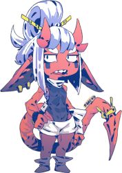 Rule 34 | 1girl, bare shoulders, boots, breasts, chibi, colored skin, commentary, english commentary, facial mark, folded ponytail, full body, hand on own hip, highres, horns, long hair, looking at viewer, open mouth, original, purple footwear, ramenwarwok, red skin, sharp teeth, shorts, signature, small breasts, solo, standing, tail, teeth, transparent background, white hair, white shorts, wristband