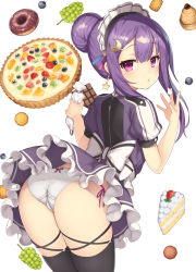 Rule 34 | 1girl, alternate costume, alternate hairstyle, ass, black thighhighs, blueberry, blush, bow, bow panties, cake, cake slice, candy, chocolate, chocolate bar, clothes lift, cookie, cream, crescent, crescent hair ornament, doughnut, earrings, flat ass, food, fruit, fruit tart, grapes, hair bow, hair ornament, headdress, highres, jewelry, long hair, looking at viewer, looking back, maid, maid headdress, miniskirt, panties, pastry bag, patchouli knowledge, pokachu, purple eyes, purple hair, short sleeves, side-tie panties, simple background, skirt, skirt lift, solo, star (symbol), star earrings, strawberry, tart (food), thighhighs, touhou, underwear, white background, white panties