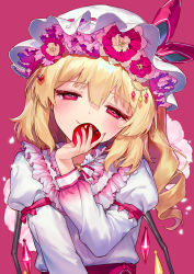 Rule 34 | 1girl, ainy, apple, artist name, blonde hair, bow, commentary request, crystal, dress, fang, fang out, flandre scarlet, flower, food, frilled shirt collar, frills, fruit, hair between eyes, half-closed eyes, hand up, hat, hat bow, hat flower, head tilt, highres, holding, holding food, holding fruit, juliet sleeves, long hair, long sleeves, looking at viewer, mob cap, nail polish, one side up, partial commentary, pink background, pink bow, pink flower, pink nails, puffy sleeves, red eyes, simple background, smile, solo, touhou, twitter username, upper body, white dress, white hat, wings