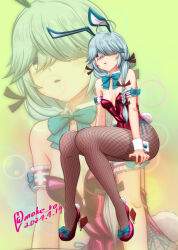 Rule 34 | 1girl, ahoge, animal ears, bare shoulders, black ribbon, blue bow, blue bowtie, blush, bow, bowtie, braid, breasts, brown eyes, dated, detached collar, fake animal ears, fake tail, fishnet pantyhose, fishnets, gradient background, green background, grey hair, hair over eyes, hair over one eye, hair ribbon, hamanami (kancolle), high heels, kantai collection, leotard, long hair, long sleeves, looking at viewer, moke ro, open mouth, pantyhose, pink footwear, pink leotard, playboy bunny, rabbit ears, rabbit tail, ribbon, signature, single braid, sitting, small breasts, smile, solo, strapless, strapless leotard, tail, wrist cuffs, zoom layer