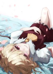 Rule 34 | 1girl, ascot, bed, blonde hair, breasts, closed mouth, collar, collared dress, crystal, dress, flandre scarlet, hair between eyes, hair ribbon, highres, jewelry, looking at viewer, lying, medium breasts, mizuhichi, no headwear, on back, one eye closed, petals, puffy short sleeves, puffy sleeves, red dress, red eyes, red ribbon, ribbon, shirt, short hair, short sleeves, solo, teeth, touhou, white background, white shirt, wings, yellow ascot