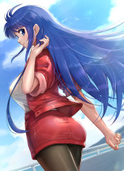 1girl ahoge ass blue_eyes blue_hair blush breasts character_request from_behind gonzarez highres jacket large_breasts long_hair looking_at_viewer metal_slader_glory miniskirt pantyhose pencil_skirt red_skirt shiny_clothes sideboob skirt smile solo tight_skirt very_long_hair