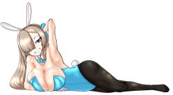Rule 34 | 1girl, animal ears, arm behind head, arm up, armpits, asuna (blue archive), asuna (bunny) (blue archive), blue archive, blue eyes, breasts, cleavage, fake animal ears, feet, graham mk2, grin, hair over one eye, highres, leotard, long hair, looking at viewer, pantyhose, playboy bunny, rabbit ears, smile, solo, sweat, toes