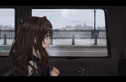 Rule 34 | 1girl, black vest, blue eyes, brown hair, car interior, closed mouth, cloud, cloudy sky, commentary, elisia valfelto, from side, grey sky, guard rail, hair intakes, highres, lamppost, long hair, long sleeves, luicent, neck ribbon, original, own hands clasped, own hands together, profile, railing, red ribbon, ribbon, school uniform, shirt, sky, solo, symbol-only commentary, vest, white shirt