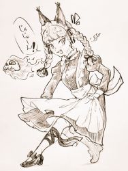 Rule 34 | 1girl, :d, alternate costume, animal ears, braid, cat ears, dress, enmaided, fang, juliet sleeves, kaenbyou rin, long sleeves, maid, menotama, monochrome, open mouth, puffy sleeves, shoes, smile, solo, touhou, traditional media, twin braids