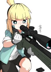 Rule 34 | 1girl, ai arctic warfare, black shorts, blush, bolt action, commentary request, earmuffs, gloves, green eyes, green jacket, gun, holding, holding gun, holding weapon, huxiao (mistlakefront), iris (material sniper), jacket, magazine (weapon), material sniper, on one knee, rifle, scope, shorts, signature, smile, sniper rifle, solo, topknot, wavy mouth, weapon, white gloves