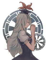 Rule 34 | 1girl, closed eyes, dress, female focus, grey hair, hat, highres, kamishirasawa keine, long hair, own hands together, pisoshi, profile, solo, touhou, upper body