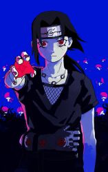 Rule 34 | 1boy, absurdres, black hair, closed mouth, fishnets, forehead protector, highres, japanese clothes, jewelry, konohagakure symbol, looking at viewer, male focus, naruto, naruto (series), necklace, ponytail, reaching, reaching towards viewer, red eyes, sharingan, short sleeves, simple background, solo, syakunetuu, uchiha itachi