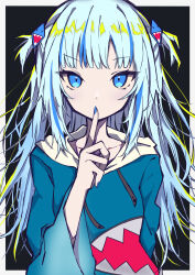Rule 34 | 1girl, animal hood, arm behind back, blue hair, blue hood, blue hoodie, blue nails, blunt bangs, finger to mouth, gawr gura, gawr gura (1st costume), grey hair, hair ornament, highres, hololive, hololive english, hood, hoodie, long sleeves, looking at viewer, medium hair, multicolored hair, naginata (beam naginata), nail polish, shark hair ornament, shark hood, sidelocks, solo, streaked hair, two-tone background, two side up, virtual youtuber