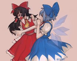 Rule 34 | 2girls, adapted costume, archirai, ascot, bare shoulders, blue bow, blue hair, blue skirt, blue vest, bow, breasts, brown background, brown hair, cirno, closed mouth, detached sleeves, detached wings, dress, frilled ascot, frilled bow, frilled hair tubes, frilled skirt, frills, hair bow, hair tubes, hitting, long hair, meme, multiple girls, neck ribbon, puffy short sleeves, puffy sleeves, red bow, red ribbon, red shirt, red skirt, ribbon, ribbon-trimmed sleeves, ribbon trim, shirt, short hair, short sleeves, simple background, skirt, skirt set, sleeveless, sleeveless shirt, small breasts, touhou, vest, white shirt, wings, yellow ascot