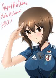 Rule 34 | 10s, 1girl, 2018 fifa world cup, adidas, brown eyes, brown hair, character name, commentary request, dated, diesel-turbo, girls und panzer, happy birthday, japan, lens flare, logo, looking at viewer, nishizumi maho, salute, short hair, simple background, smile, soccer, soccer uniform, solo, sportswear, upper body, white background, world cup