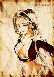 Rule 34 | 1girl, boa hancock, breasts, cape, character name, cleavage, crop top, earrings, faux traditional media, highres, jewelry, lips, long hair, looking at viewer, midriff, monochrome, navel, one piece, sagatsune, sepia, smile, solo, spot color