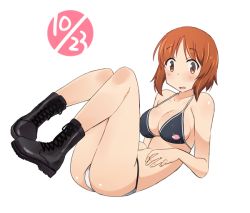 Rule 34 | 1girl, anglerfish, bikini, black bikini, black footwear, blush, boots, breasts, brown eyes, brown hair, combat boots, commentary, cross-laced footwear, dated, emblem, fish, floating, girls und panzer, katatsuka kouji, knees up, lace-up boots, looking at viewer, medium breasts, mismatched bikini, nishizumi miho, open mouth, short hair, simple background, solo, string bikini, swimsuit, white background, white bikini