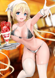Rule 34 | 1girl, alternate costume, armpits, bare shoulders, black bra, black panties, blend s, blonde hair, blue eyes, blurry, blurry background, blush, bouncing breasts, bow, bow bra, bra, breasts, cafe, collarbone, enmaided, food, fruit, gibun (sozoshu), gloves, hair between eyes, head scarf, highres, hinata kaho, holding, holding tray, indoors, large breasts, long hair, looking at viewer, maid, midriff, navel, open mouth, outstretched arm, panties, parfait, sidelocks, smile, solo, standing, strawberry, thigh gap, thighhighs, thighs, tray, twintails, underwear, very long hair, white gloves, white thighhighs