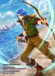Rule 34 | 1boy, 4others, arrow (projectile), artist name, bandages, blue eyes, blue hair, boots, bow (weapon), company name, day, faceless, fire emblem, fire emblem: thracia 776, fire emblem cipher, headband, holding, holding bow (weapon), holding weapon, karuta shiki, male focus, multiple others, nintendo, official art, quiver, ronan (fire emblem), ship, sky, solo focus, water, watercraft, weapon