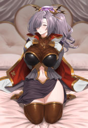Rule 34 | 1girl, absurdres, aged up, alternate breast size, alternate species, bed, bed sheet, cape, clothing cutout, gloves, granblue fantasy, grey hair, hair over one eye, hand on own chest, highres, humanization, kneeling, long bangs, long hair, navel, navel cutout, niyon (granblue fantasy), on bed, orange eyes, pillow, ponytail, shou illust, skindentation, solo, thighhighs
