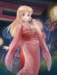 Rule 34 | 00s, 1girl, :d, blonde hair, blue eyes, breasts, choker, drawfag, drill hair, fireworks, floral print, highres, japanese clothes, kimono, lantern, long hair, looking at viewer, night, night sky, obi, open mouth, pacifica casull, sash, scrapped princess, sky, smile, solo, starry night, torii, twin drills, twintails, wide sleeves