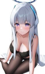 Rule 34 | 1girl, absurdres, black bra, black pantyhose, blue archive, blunt bangs, blush, bra, breasts, cleavage, closed mouth, collarbone, commentary, grey hair, halo, highres, lace, lace panties, large breasts, long hair, looking at viewer, mechanical halo, noa (blue archive), panties, panties under pantyhose, pantyhose, purple eyes, simple background, sitting, solo, thighband pantyhose, thighs, topgear, underwear, white background