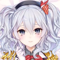 Rule 34 | 10s, 1girl, bed sheet, beret, black bow, blue eyes, blush, bow, bowtie, close-up, closed mouth, collared shirt, epaulettes, eyelashes, gloves, grey shirt, hair between eyes, hat, hat bow, kaguyuzu, kantai collection, kashima (kancolle), looking at viewer, red bow, red bowtie, shirt, short hair, short twintails, silver hair, smile, solo, twintails, wavy hair, white gloves, wing collar