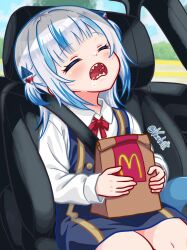 Rule 34 | 1girl, absurdres, alternate costume, bag, black dress, blue hair, blush, bow, bowtie, car interior, closed eyes, collared shirt, commentary, cowboy shot, dress, drooling, english commentary, gawr gura, grey hair, hair ornament, highres, hololive, hololive english, long sleeves, mcdonald&#039;s, medium hair, multicolored hair, open mouth, paper bag, red bow, red bowtie, saliva, shark hair ornament, sharp teeth, shirt, sidelocks, sitting, sleeping, sleeping upright, solo, streaked hair, teeth, twitter username, two side up, varliet, virtual youtuber, white shirt