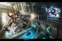 Rule 34 | 1girl, arm cannon, bad id, bad pixiv id, bodysuit, braid, brown hair, city, cityscape, dual wielding, firing, fuji q, glowing, holding, letterboxed, lights, original, robot, scenery, science fiction, signature, twin braids, weapon