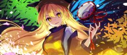 Rule 34 | 1girl, :d, black hat, blonde hair, blush, commentary request, constellation print, drum, floating, floating hair, floating object, glowing, glowing eyes, hair between eyes, hand up, hat, head tilt, instrument, long hair, long sleeves, looking at viewer, matara okina, name (oiuio), open mouth, orange eyes, smile, solo, tabard, teeth, touhou, upper teeth only, wide sleeves