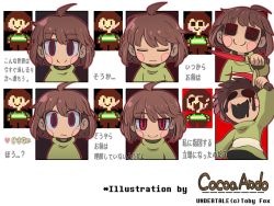 Rule 34 | black eyes, brown hair, chara (undertale), closed eyes, closed mouth, frown, green shirt, hair between eyes, hand up, holding, holding knife, holding weapon, hole in face, houten (dre a mer), knife, looking at viewer, melting, open mouth, pixel art, red eyes, ringed eyes, shirt, short hair, smile, undertale, upper body, weapon, white background