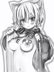 Rule 34 | 1girl, :p, animal ears, bad id, bad twitter id, blush, body writing, breasts, cat ears, crossed bangs, greyscale, hair between eyes, headphones, headphones around neck, highres, holding, jacket, long sleeves, looking at viewer, medium breasts, monochrome, nanashi (nlo), nipples, open clothes, open jacket, smile, solo, sparkle, tongue, tongue out, tsumugine rei, upper body, virtual youtuber, white background, zero project