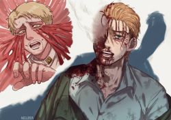 Rule 34 | blonde hair, blood, blood on face, blood on clothes, blue eyes, crying, death, dying, facial hair, facial mark, hair pulled back, hair slicked back, injury, jacket, nelldya, porco galliard, reiner braun, scar, scar on face, shingeki no kyojin, short hair, signature, smile, smoke, spoilers