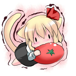 Rule 34 | 1girl, animal ears, blonde hair, cat ears, cat girl, cat tail, chibi, eating, embodiment of scarlet devil, female focus, full body, gradient background, hoshizuki (seigetsu), kemonomimi mode, lying, on stomach, open mouth, purumia, rumia, solo, tail, tomato, touhou, trembling, white background, | |