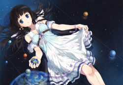 Rule 34 | 1girl, bad id, black hair, blue eyes, bracelet, clothes lift, dress, dress lift, earth (planet), floating hair, giant, giantess, huge giantess, jewelry, long hair, lying, necklace, on back, original, planet, see-through, see-through silhouette, skirt hold, solo, space, sundress, tiv, wallpaper