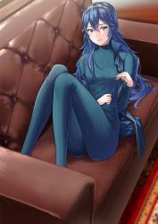 Rule 34 | 1girl, ameno (a meno0), blue eyes, blue hair, breasts, couch, fire emblem, fire emblem awakening, highres, indoors, long hair, looking at viewer, lucina (fire emblem), lying, nintendo, pantyhose, removing jacket, rug, sitting, small breasts, smile, solo, symbol-shaped pupils, symbol in eye, tiara