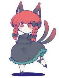 Rule 34 | 1girl, animal ears, black bow, black dress, black ribbon, bow, braid, cat ears, chahan (fried rice0614), commentary, dress, footwear bow, full body, hair bow, highres, kaenbyou rin, leg ribbon, looking at viewer, medium hair, nekomata, red eyes, red hair, ribbon, side braids, simple background, solo, standing, standing on one leg, touhou, twin braids, white background