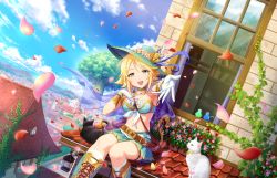 Rule 34 | 10s, 1girl, :d, armlet, artist request, belt, blonde hair, boots, breasts, bustier, cape, cat, choker, cleavage, cross-laced footwear, front-tie top, gloves, green eyes, hand on own chest, harp, hat, idolmaster, idolmaster cinderella girls, idolmaster cinderella girls starlight stage, instrument, jewelry, jpeg artifacts, lyre, midriff, navel, official art, open mouth, petals, pleated skirt, short hair, skirt, smile, solo, tile roof, tiles, tree, umeki otoha, vambraces, white gloves